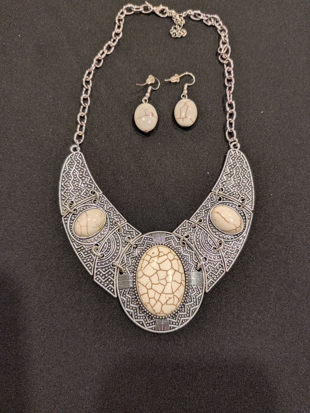 Paparazzi Boho Silver Statement Necklace & Earring Set with Faux Marble Stone